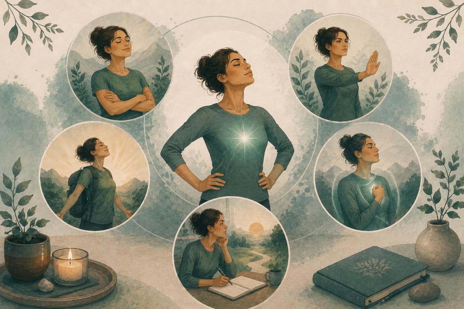 Illustratie van Krachtige JIJ!: een vrouw die krachtig rechtop staat, met de vijf thema's van de reeks rond haar