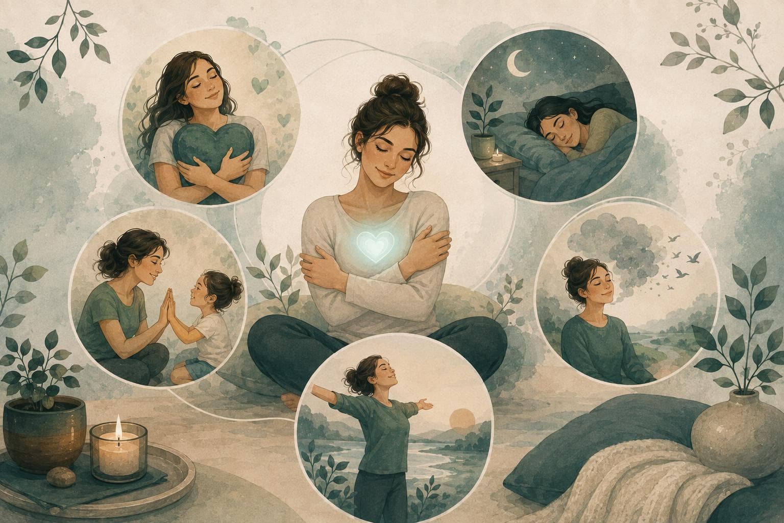 Illustratie van Zacht voor Jezelf: een vrouw die zichzelf omarmt, met de vijf thema's van de reeks rond haar